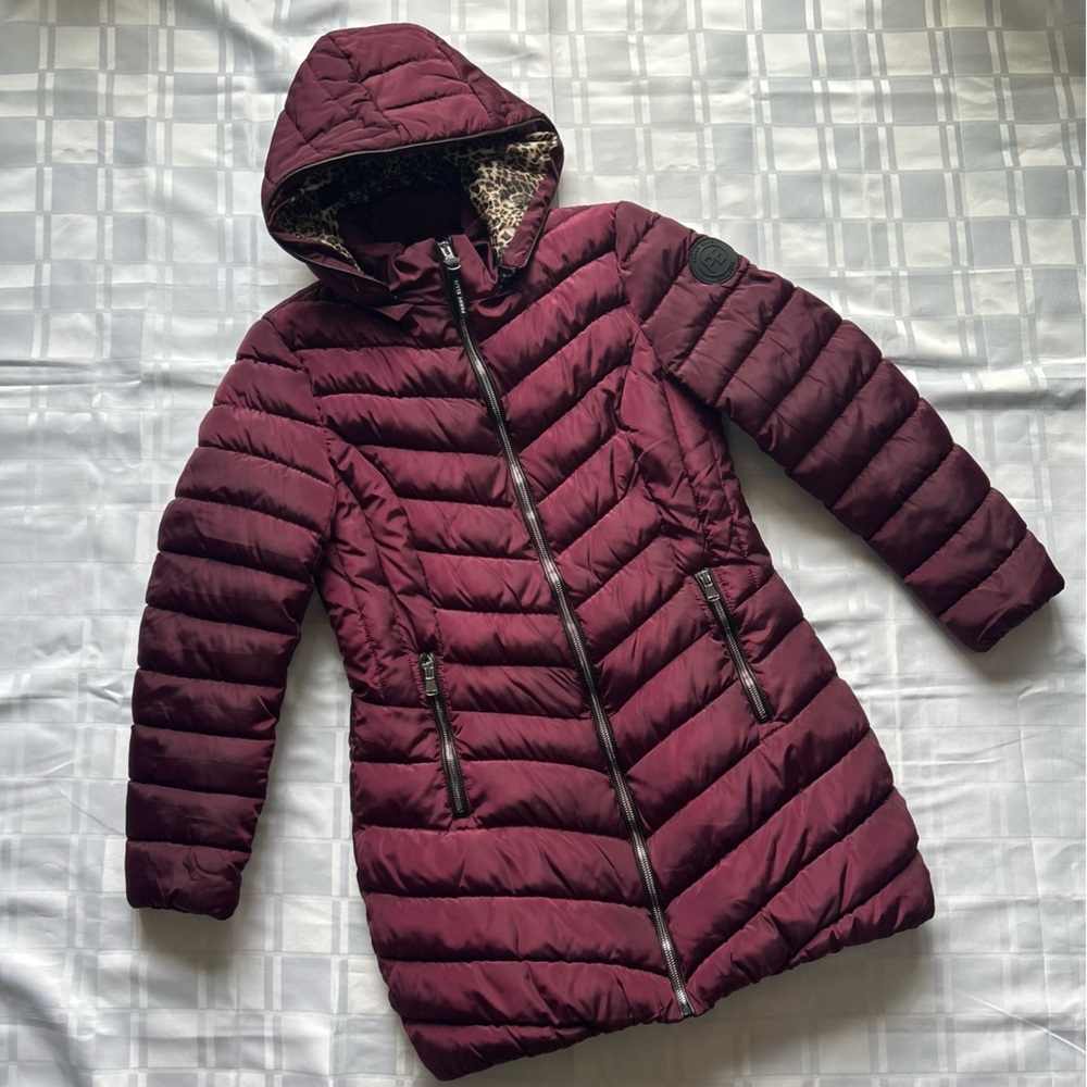 Perry Ellis Portfolio Purple Puffer Jacket with Leopard Print Lining